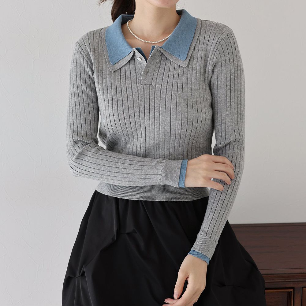 撞色雙層領針織polo長袖上衣-淺灰 (M)