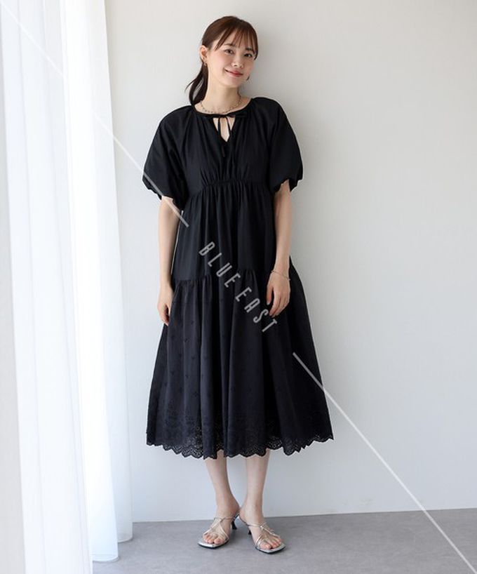 日本 BLUE EAST - 100%棉 下擺精緻蕾絲泡泡短袖洋裝-白