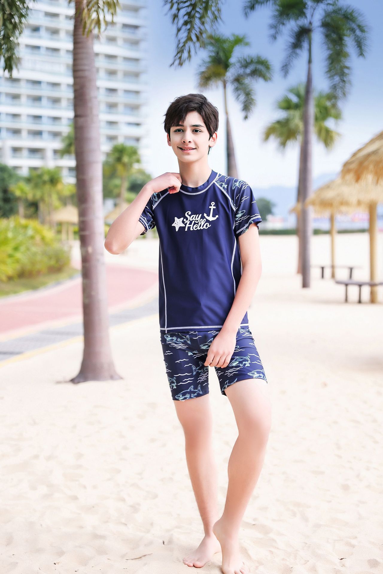 大童男孩短袖泳衣套裝(二件組)-星星船錨-淺藍色-泳衣、泳褲