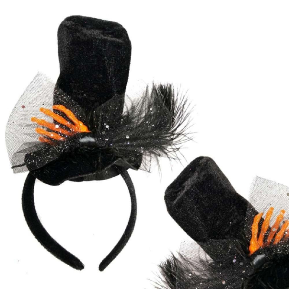 MODACore 摩達客 - 萬聖節派對頭飾-手工黑橘鬼手羽毛高帽造型髮箍 (總高：22CM寬：15CM頭頂飾品高：10CM)-單入
