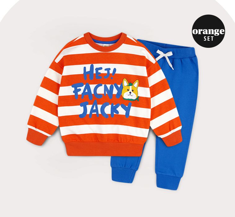 韓國 HEJMINI - 鬥牛犬條紋相間套裝-橘紅