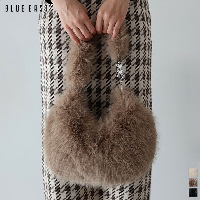 日本 BLUE EAST - 心型鏈條夢幻毛絨手提包-咖啡