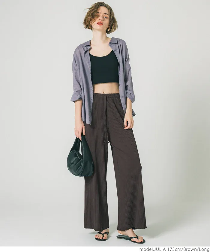 日本 COCA - [可剪裁] 速乾垂墜彈性風琴寬褲-淺灰棕