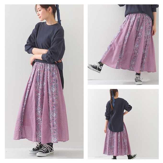 日本 OMNES - 100%印度棉 奢華印花飄逸感長裙-紫