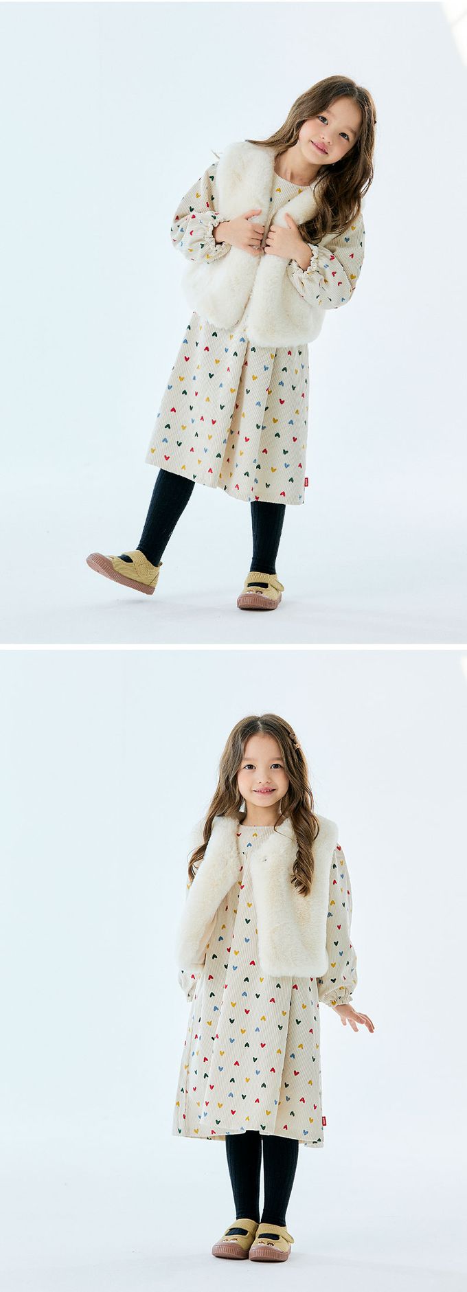 韓國 OZKIZ - (附包包)多彩愛心燈芯絨溫暖洋裝-米