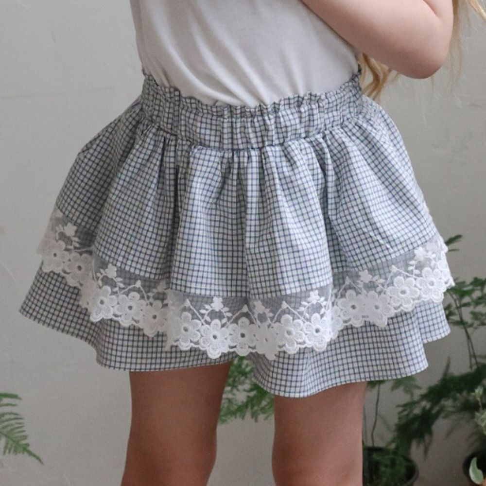 Puellaflo 鬆緊腰簡約格紋層次裙褲-深藍