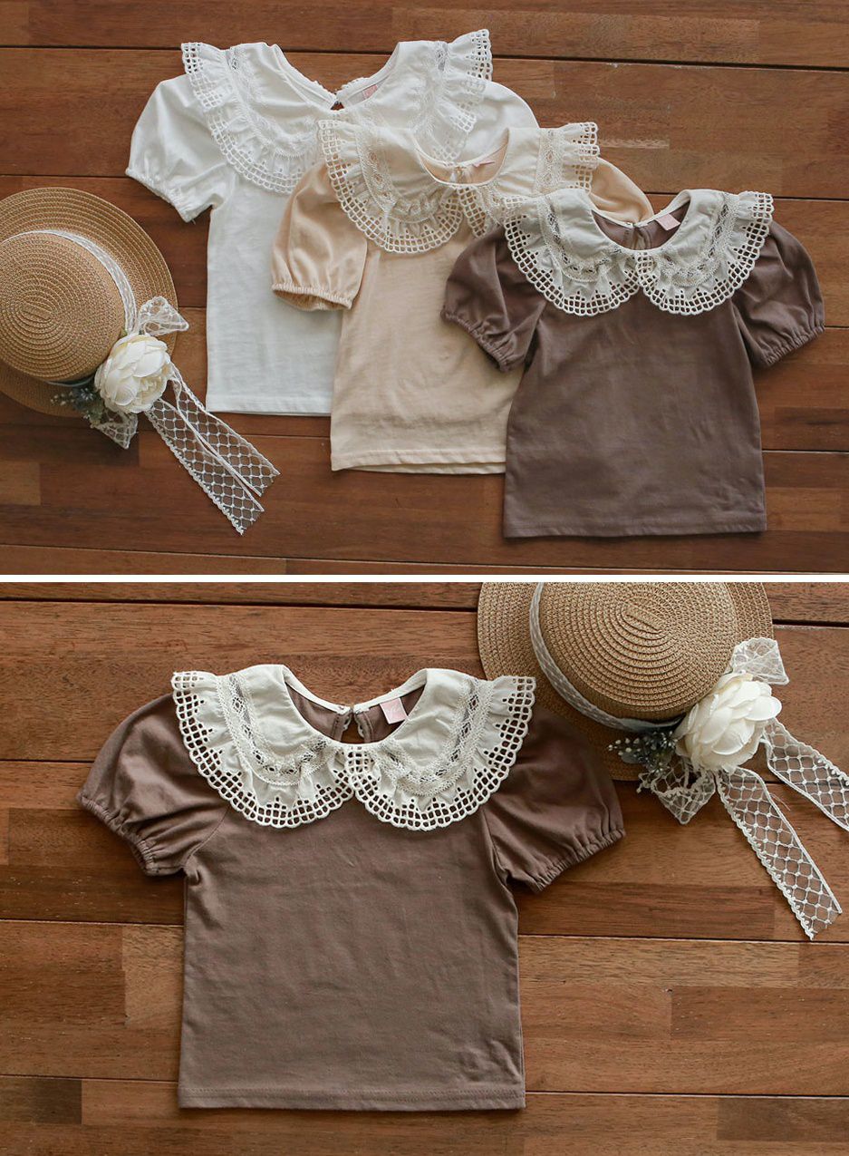 韓國 PuellaFLO - 鏤空格子大白領上衣-摩卡