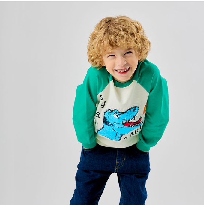 韓國 OZKIZ - 閃亮變色長袖大學T-噴火恐龍