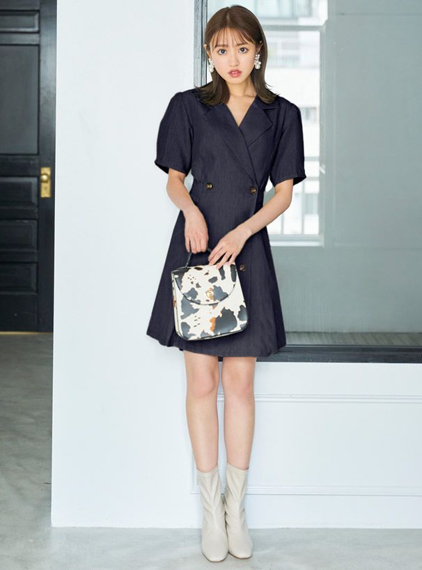 日本 GRL - 知性翻領雙排釦風衣綁帶洋裝-氣質米