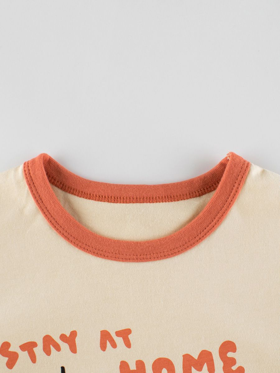 純棉圓領薄長袖上衣-熊熊宅在家-杏色