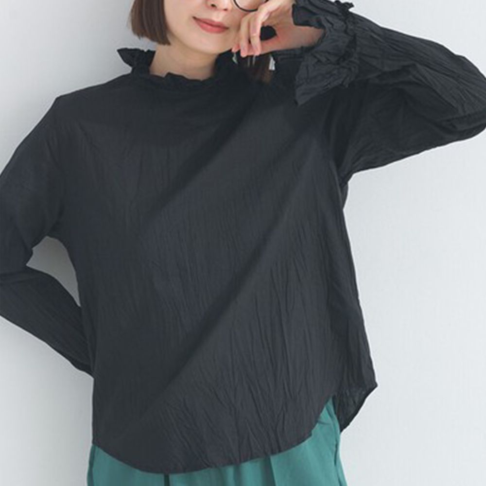 荷葉領輕盈皺摺長袖上衣(疊穿推薦)-黑