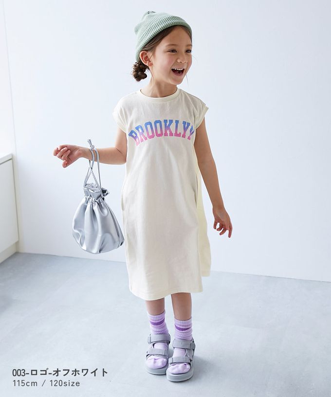 日本 devirock - 100%棉 俏麗印花無袖洋裝-英文logo-桃粉