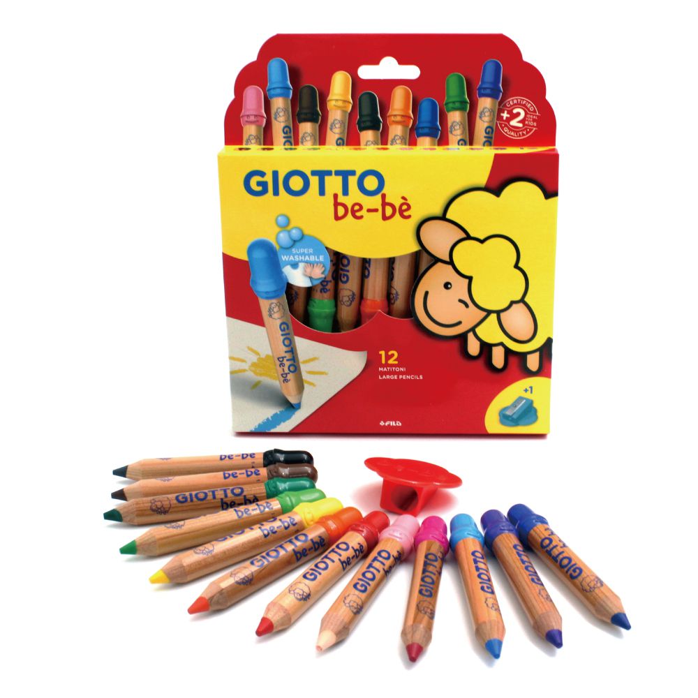 義大利GIOTTO - GIOTTO BEBE 可洗式寶寶木質蠟筆12色-(附筆削)
