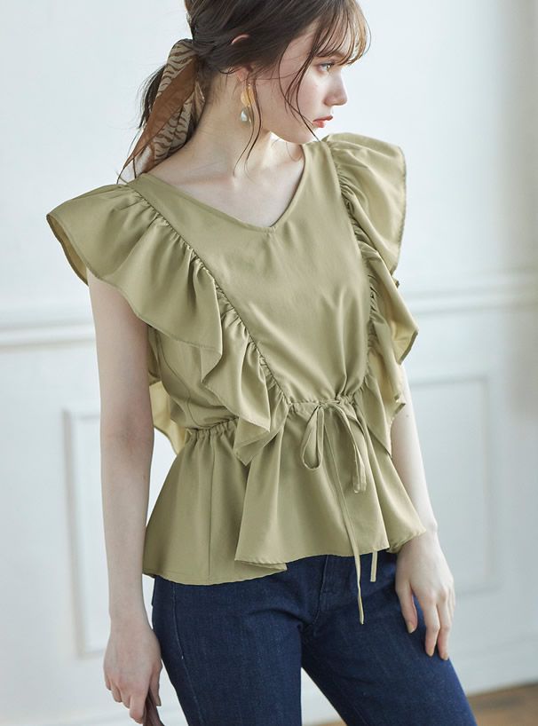 日本 GRL - 立體V型大荷葉邊無袖上衣-星塵藍