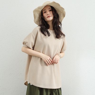 Yukié - 甜美華夫格燈籠袖長版上衣-卡其色 (F)