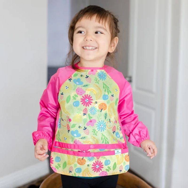 美國 green sprouts - 小綠芽魔鬼氈雙面防水/防食物掉落長袖圍兜單入組-花花世界