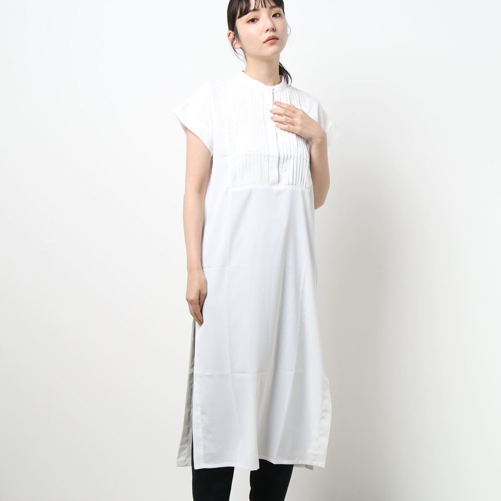 日本 Riche Glamour - 胸口小百褶設計一分袖洋裝-白