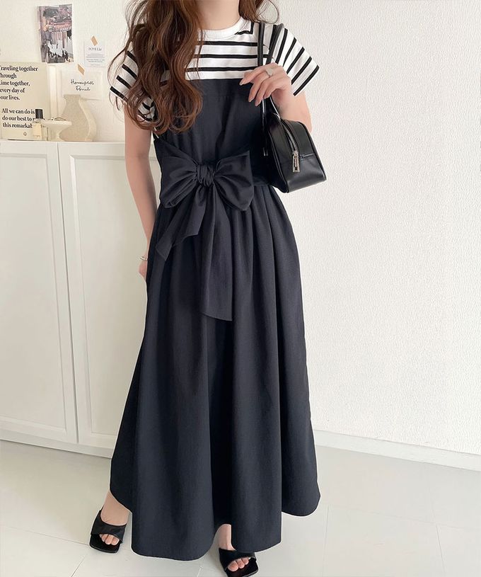 日本 Classical Elf - 綁帶2way清爽拼接感短袖洋裝-條紋x黑