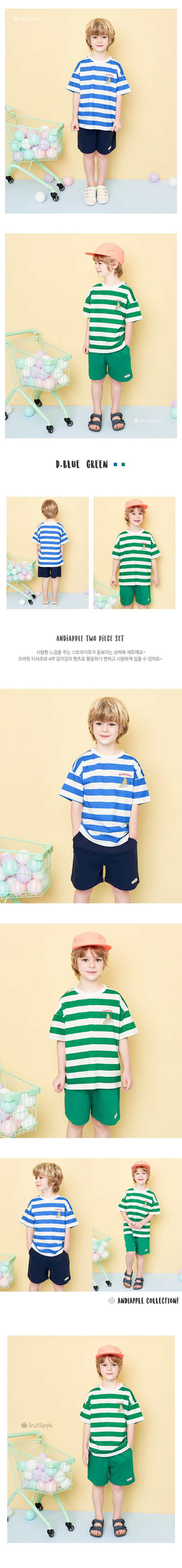 韓國 AndiApple - 衝浪小熊條紋短袖套裝-綠