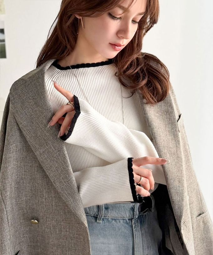 日本 Classical Elf - 羅紋針織典雅滾邊長袖上衣-白