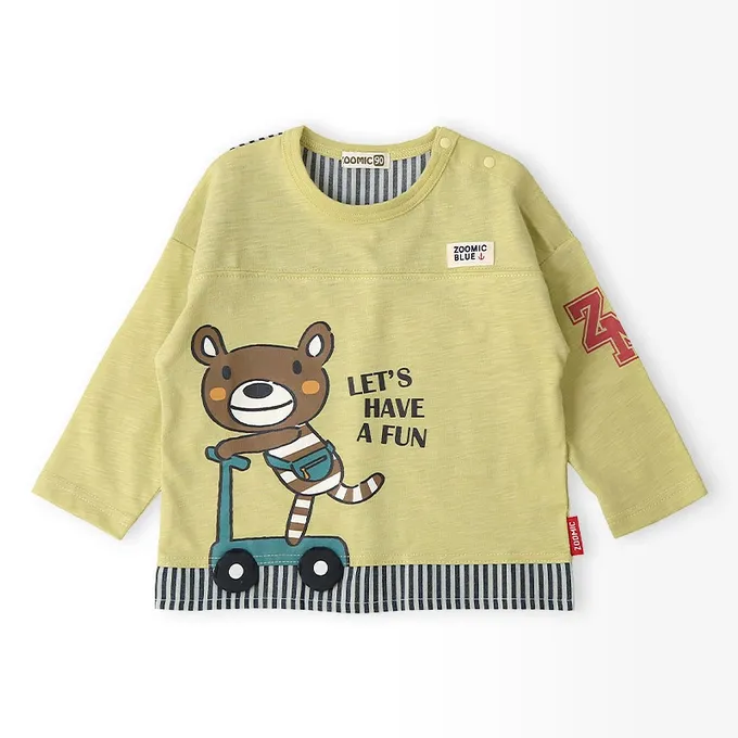 日本 ZOOLAND - 春季拼接風長袖上衣-滑板車小熊-水藍