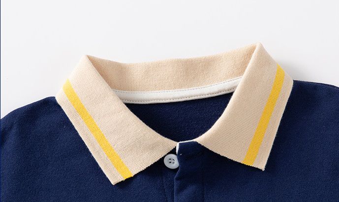 WELLKIDS - 翻領拼色長袖上衣/大學T-鯨魚-深藍+卡其