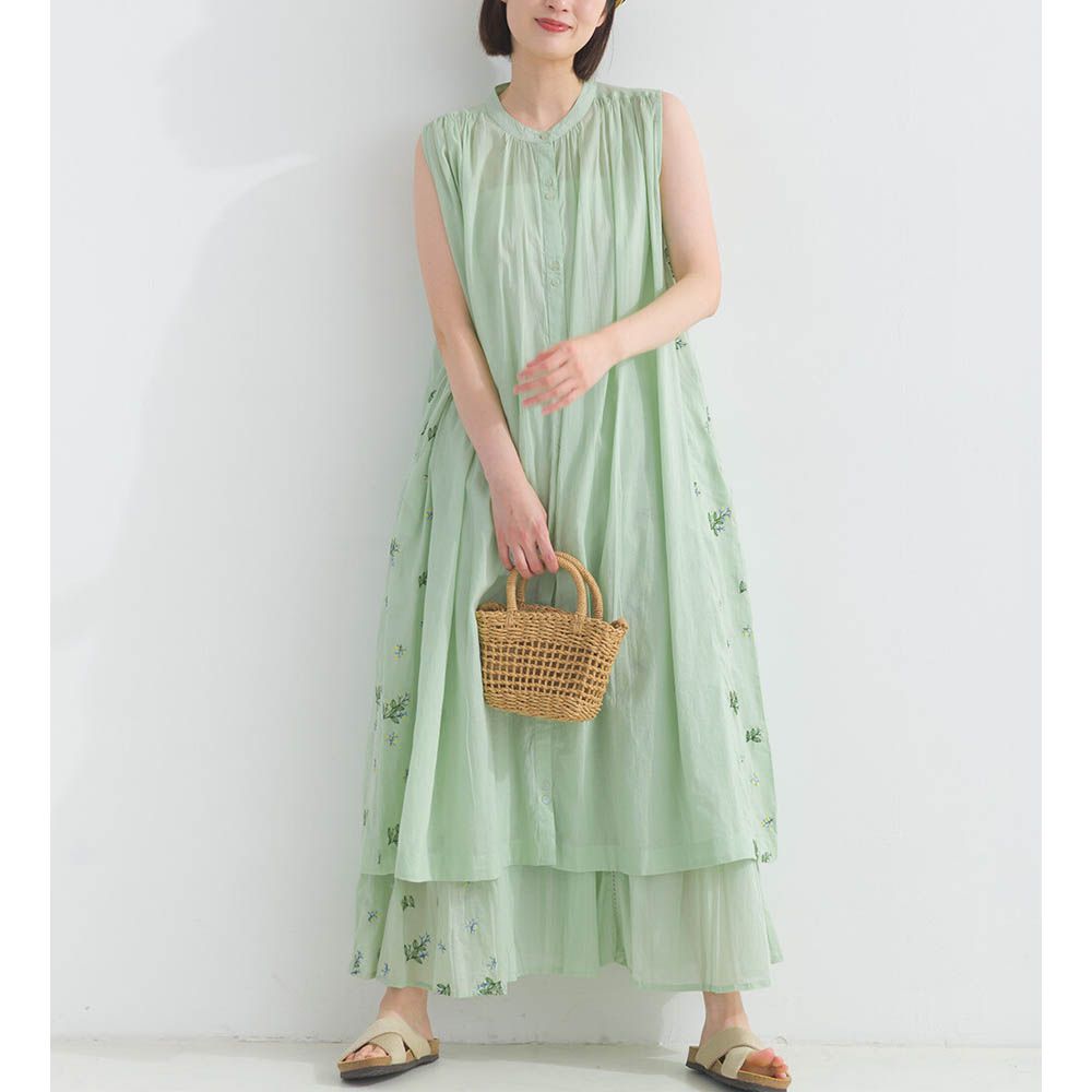 100%印度棉 優美植物側邊刺繡無袖洋裝-薄荷