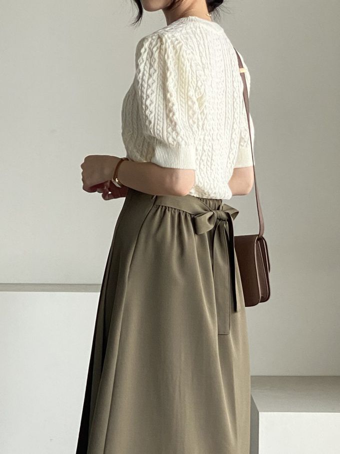 韓國女裝連線 - 淑女後鬆緊綁帶蝶結打褶中長裙-軍綠 (FREE)