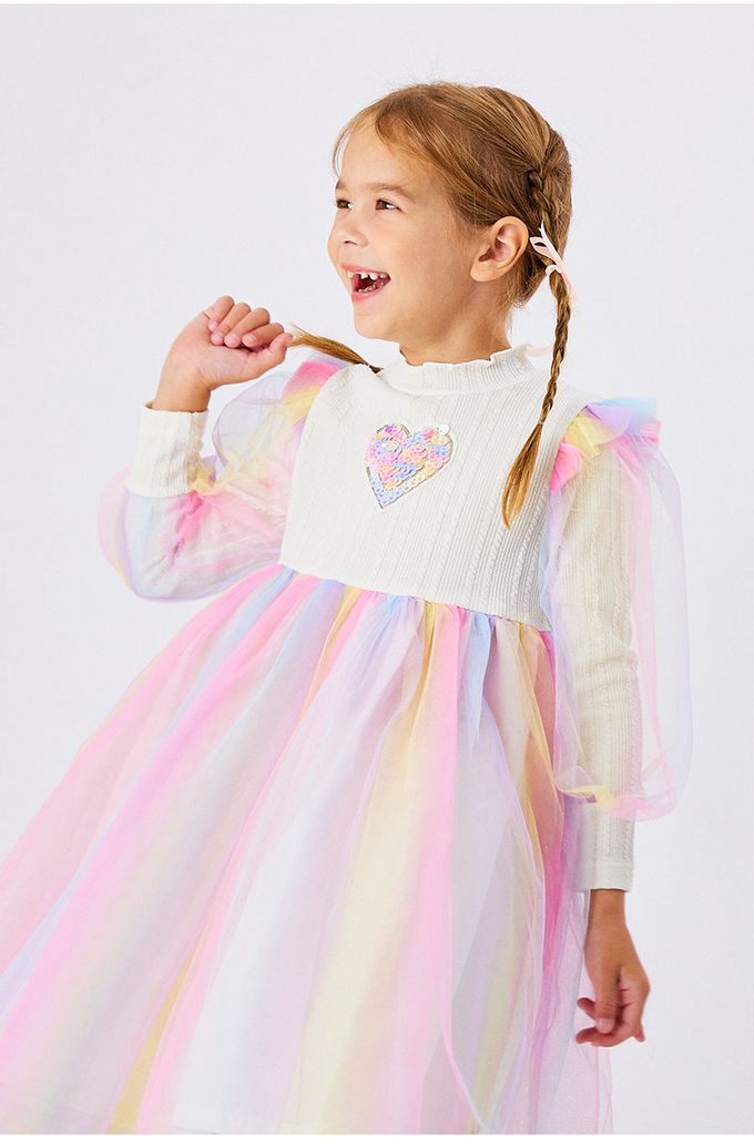 韓國 OZKIZ - 星星亮片愛心歐若拉網紗洋裝-象牙白