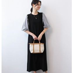 Yukié - 日系拼接假兩件泡泡袖洋裝-黑白條紋