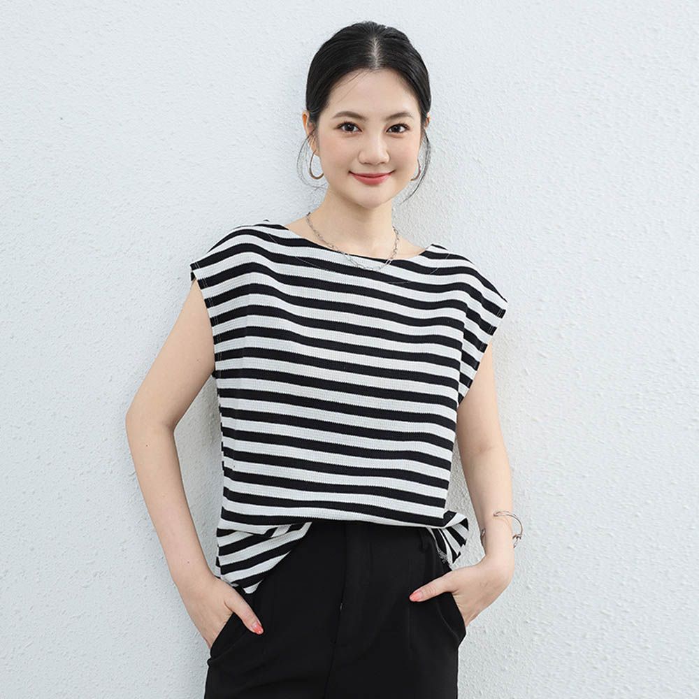休閒百搭顯瘦法式袖上衣-黑白寬條紋