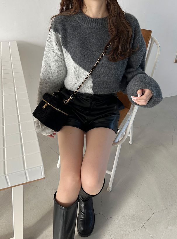 日本 GRL - 圓領不規則撞色落肩毛衣-深灰 (F)