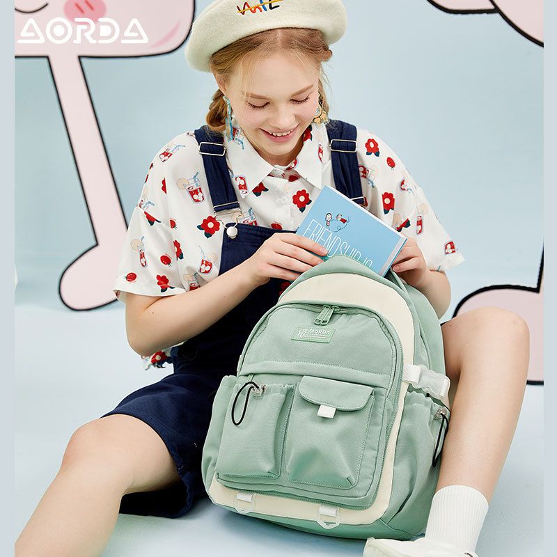 休閒雙口袋多隔層書包-紅色