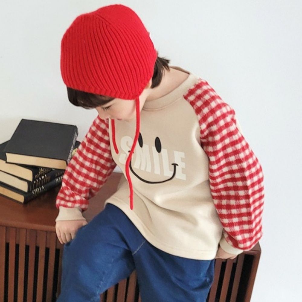 Peanuts House (內磨毛)SMILE拼接格紋長袖上衣-米杏X紅