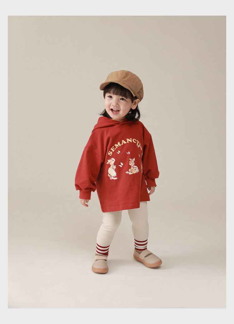 連帽寬鬆長袖帽T-可愛兔兔-紅色