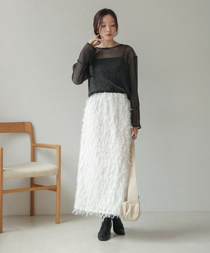 日本 Bab - 亮麗光澤歐根紗拼接透膚薄長袖上衣-淺卡其