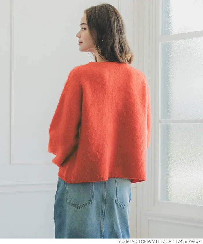 日本 COCA - 溫柔毛絨感圓領長袖針織上衣-橘紅