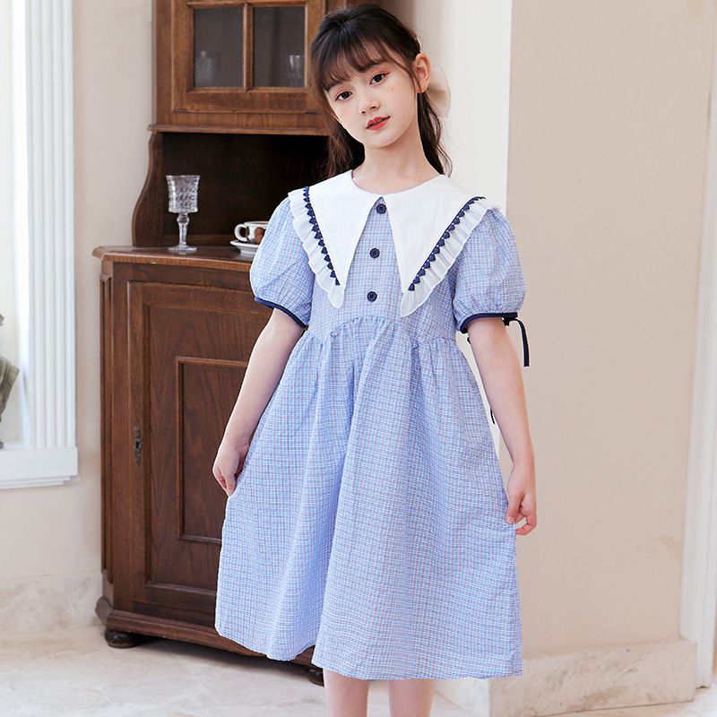 荷葉邊娃娃領泡泡袖洋裝-格紋款-淺紫色