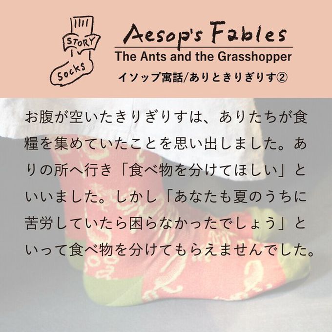 日本女裝代購 - 日本製 伊索寓言印花長襪-螞蟻與蟋蟀-橘紅 (23-25cm)