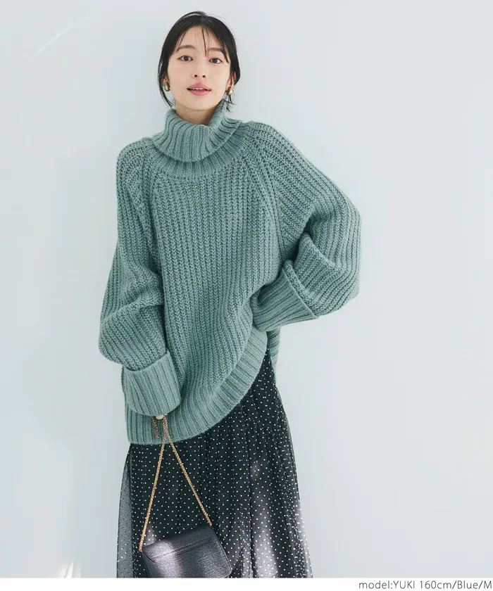 日本 COCA - 份量感高領寬鬆粗編織毛衣-淺灰