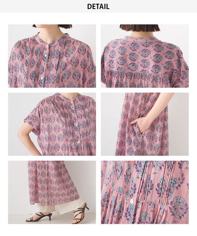 日本 OMNES - 100%印度棉 襯衫式印花短袖洋裝-白底圖騰