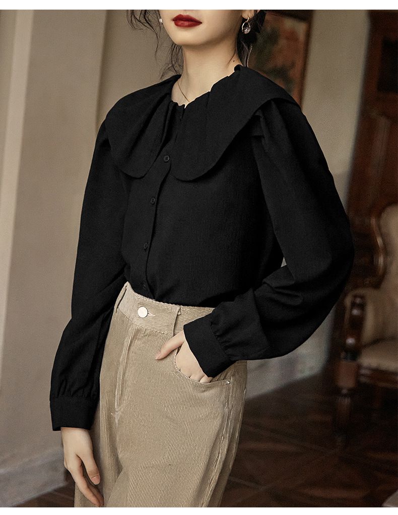 娃娃領長袖襯衫-黑色
