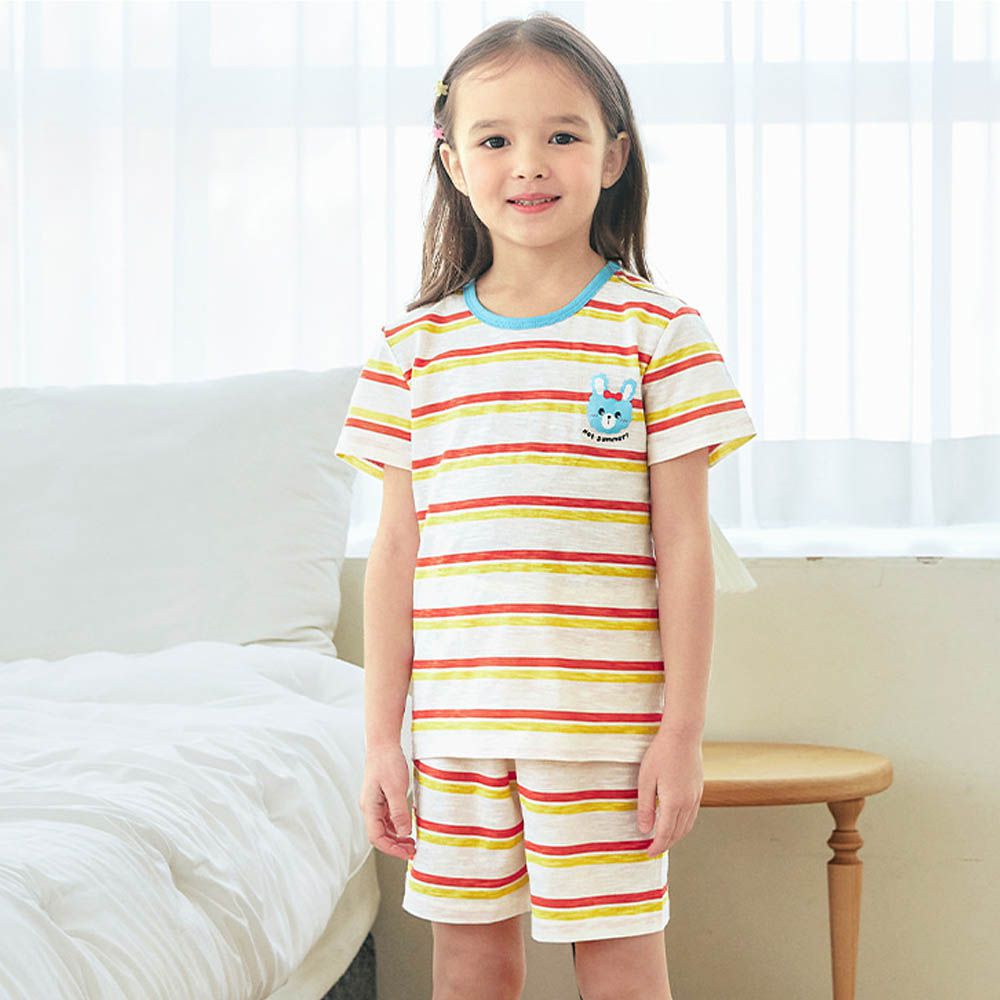 輕薄細柔棉短袖家居服-條紋藍兔-紅X芥黃