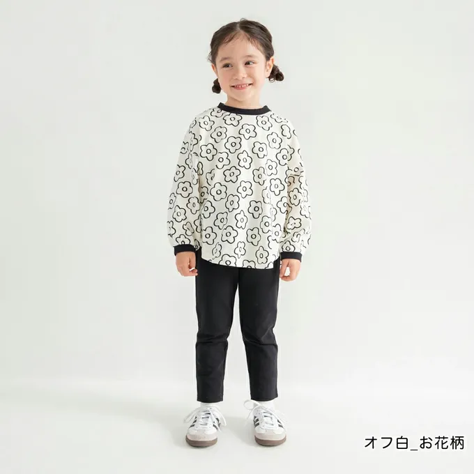 日本 BRANSHES - 圓弧下擺舒適縮口長袖上衣-線條花朵-米白