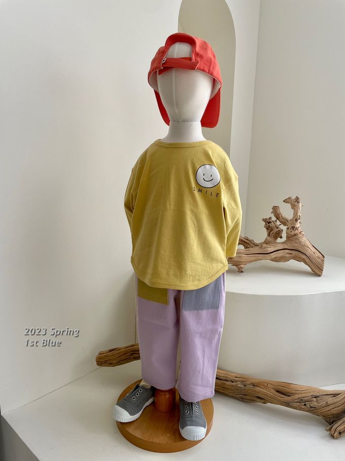 韓國 First Blue - 手繪微笑印長袖上衣-芥黃