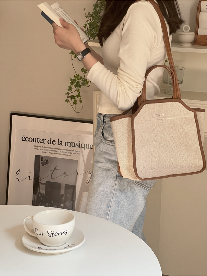 韓國 THEALLY - (附小袋)質挺帆布方包手提/肩背包-焦糖咖 (中)