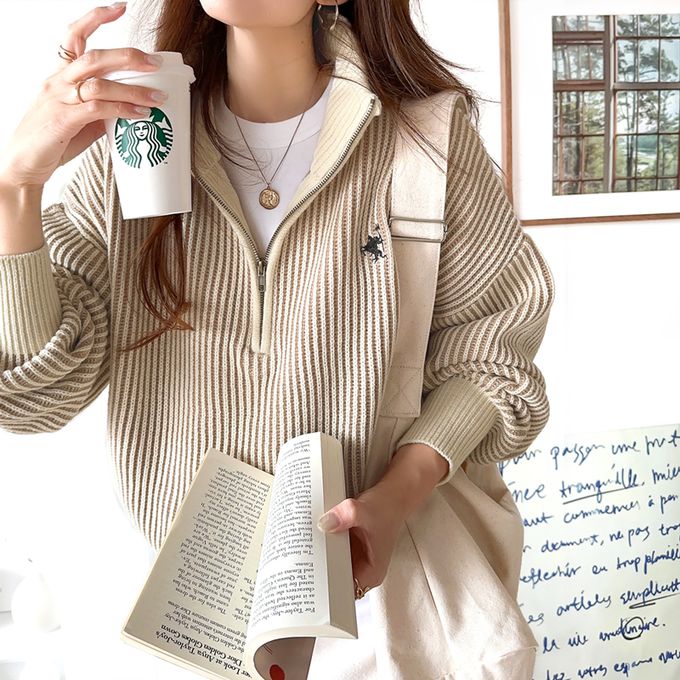 日本 Classical Elf - 半拉鍊線條感 logo刺繡配色針織衫-紅x藍