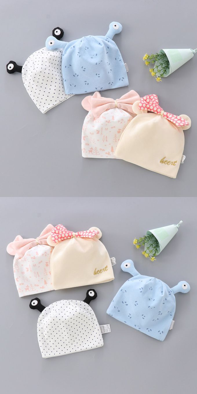 JoyNa - 2入-新生兒胎帽 小青蛙眼睛造型 蝴蝶結童帽-粉色森林小公主+隨機一入 (適戴頭圍約36-45cm)