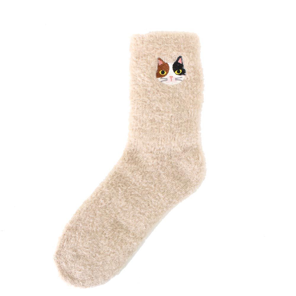 日本 TOMO - 可愛動物刺繡毛絨保暖襪-三花貓-米杏