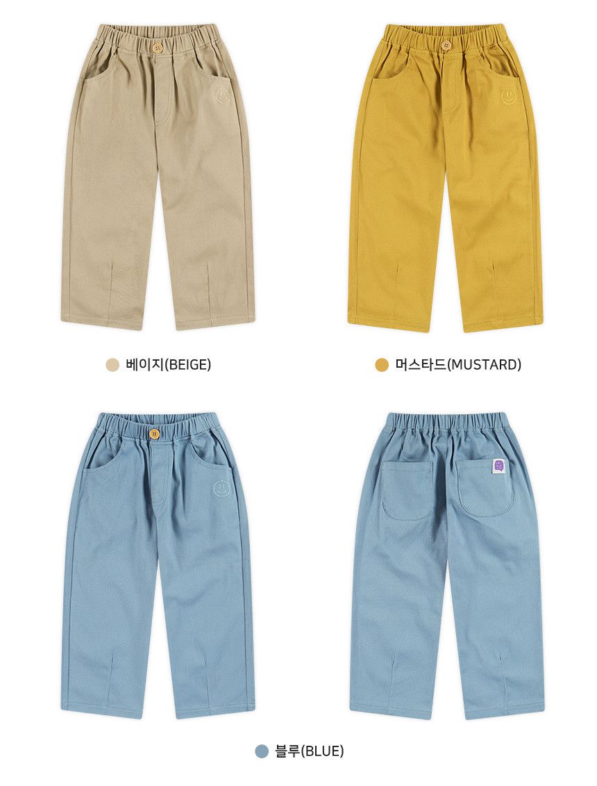 韓國 WALTON kids - 鬆緊腰刺繡笑臉口袋長褲-卡其